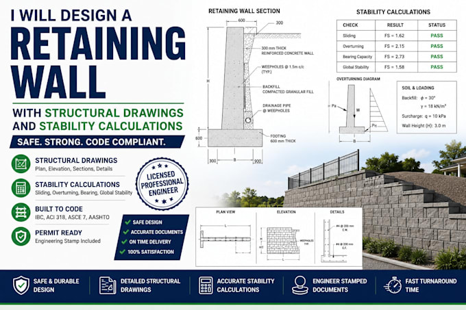 design a retaining wall with structural drawings and stability calculations