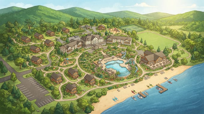 design 2d 3d isometric park map, vacation map, resort and custom campground map