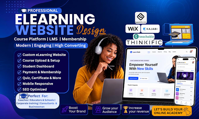 design wix elearning website, online course platform, lms and membership site