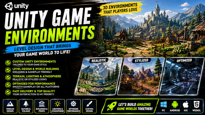 create unity game environments, 3d levels and level design