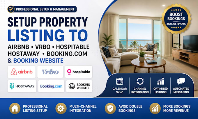 setup property listing to airbnb, vrbo hospitable, hostaway booking website