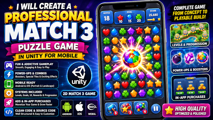 create a professional match 3 puzzle game in unity for mobile
