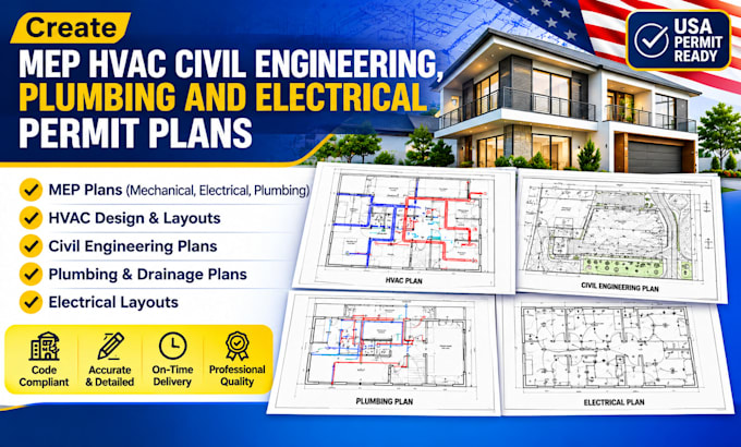 create mep hvac civil engineering, plumbing and electrical permit plans