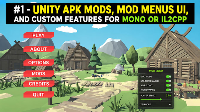 create unity apk mods, mod menus UI, and custom features for mono or il2cpp