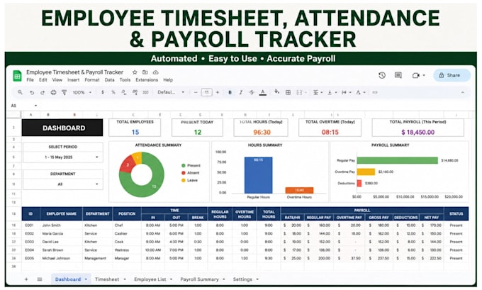 build automated employee timesheet attendance payroll tracker excel google sheet