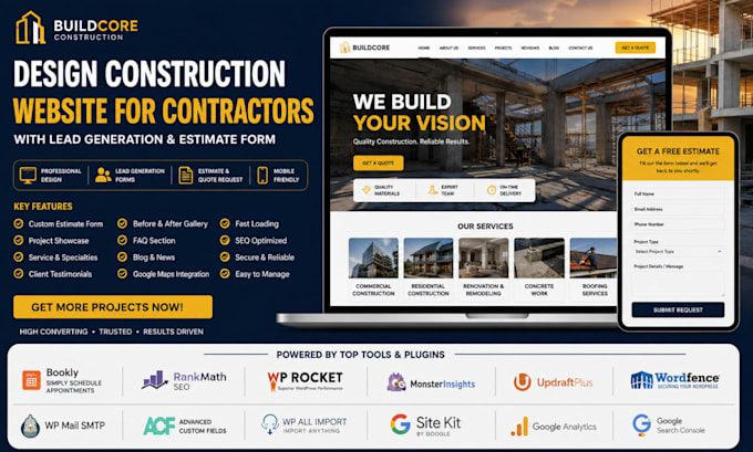 design construction website for contractors with lead generation estimate form