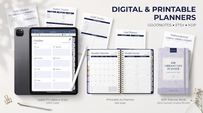 design digital printable planners and hyperlinked goodnotes journal for etsy KDP