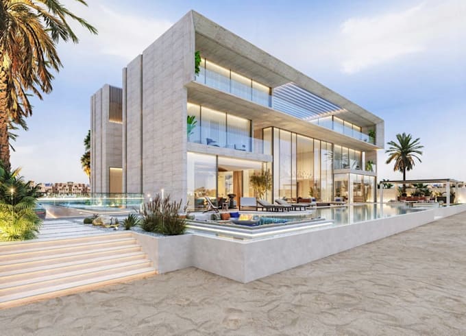 create modern private villa,courtyard design for small occasion, interior render