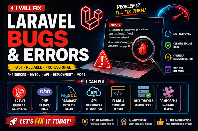 fix laravel PHP errors, bugs, database and deployment issues