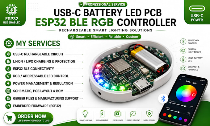do usb c battery led pcb, esp32 ble rgb controller, rechargeable smart lighting