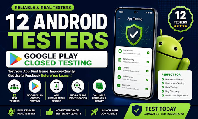 provide 12 testers for google play closed testing and android app testing