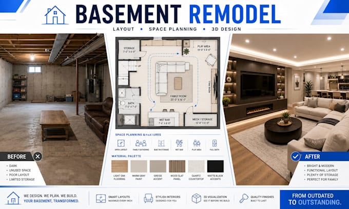 design your basement remodel with rooms layout, space planning and 3d design