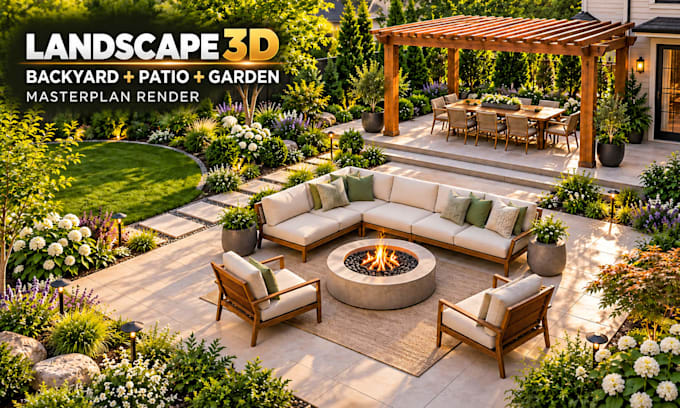 design 3d landscape, backyard makeover, patio and garden masterplan render
