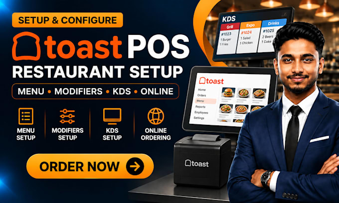 setup toast pos, restaurant menu, modifiers, kds and online