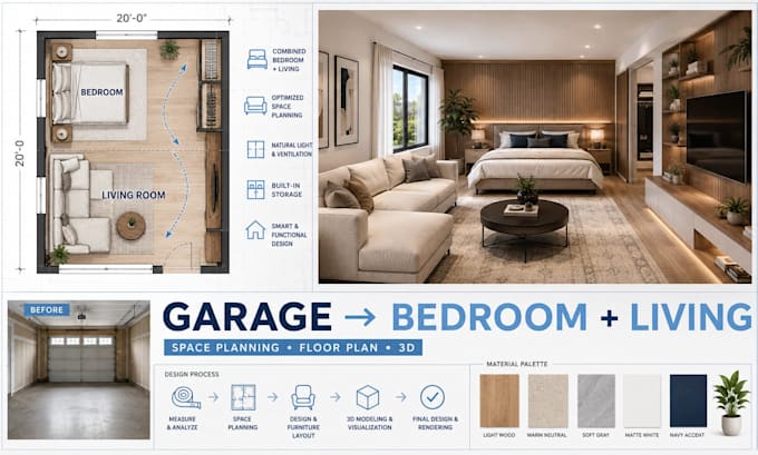 convert your garage into a bedroom layout, living room layout, kitchen layout