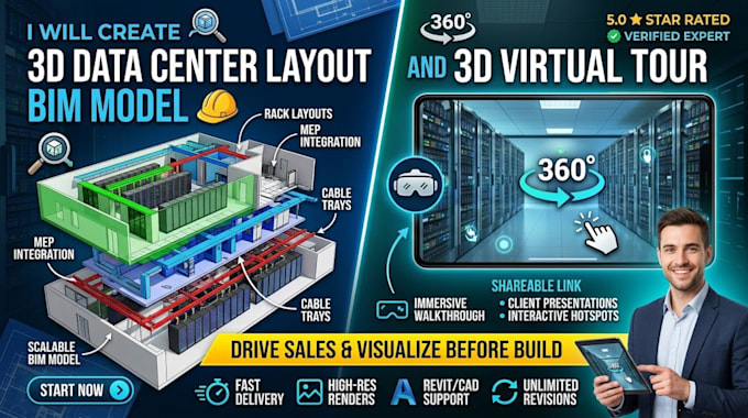 create 3d data center layout bim model and 3d virtual tour