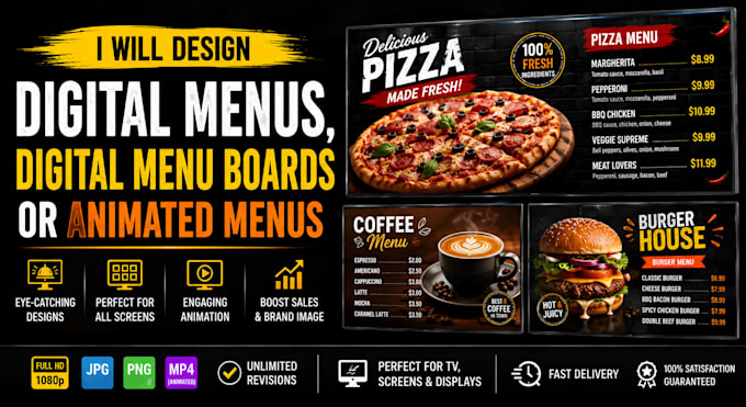 design digital menus, digital menu boards or animated menus