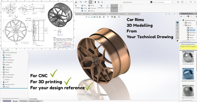 design 3d model custom wheel rims from drawing use solidwork