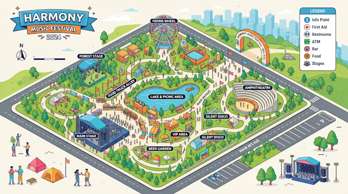 design festival map, event map, isometric map, venue map and vector map
