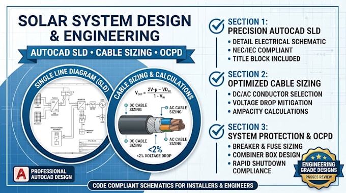 design solar systems, create autocad slds, and perform dc ac cable sizing
