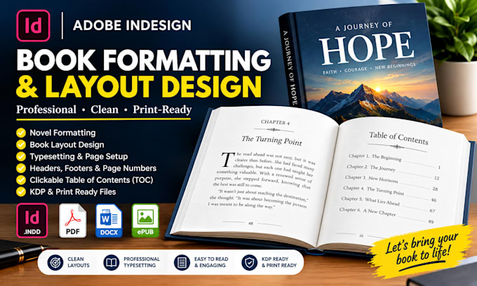 do adobe indesign book formatting, novel formatting, book layout and typesetting