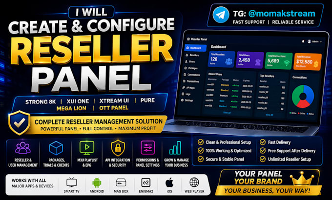 create reseller strong8k panel, xtream ui, xui one, pure, mega, lion, ott panel
