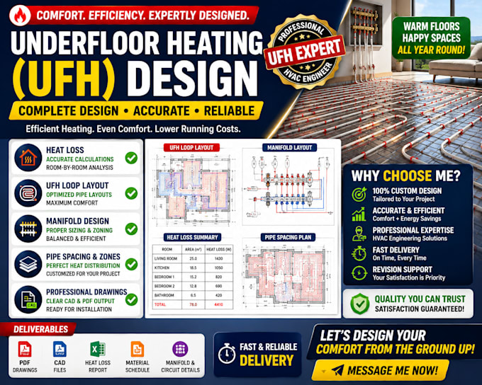 design ufh underfloor heating, heat loss, loop layout and manifold