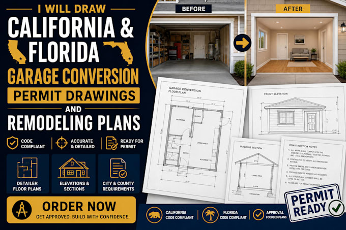 draw california and florida garage conversion permit drawings, remodeling plans