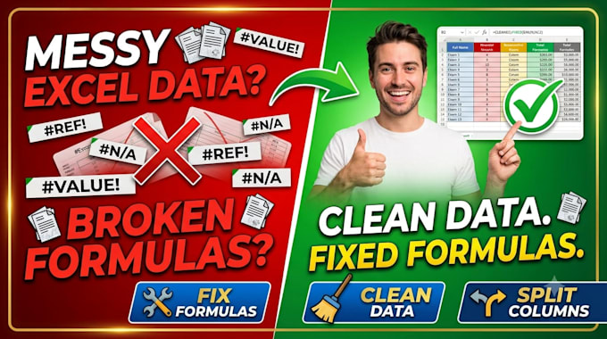 clean excel data, split columns and fix excel formula