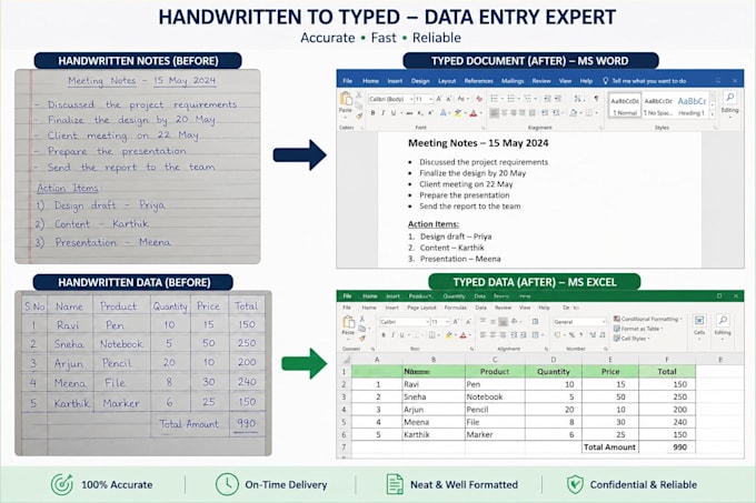 do handwritten document typing, data entry and excel data entry
