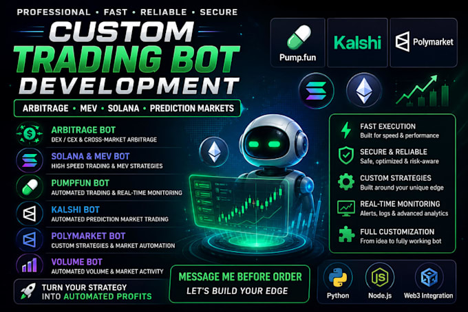 develop arbitrage bot, mev, pumpfun, kalshi, volume, polymarket, solana trading