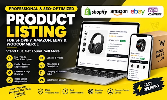create and optimize product listing for shopify amazon ebay and woo commerce