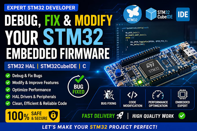 debug, fix and modify your stm32 embedded firmware, stm32 hal, stm32cubeide in c