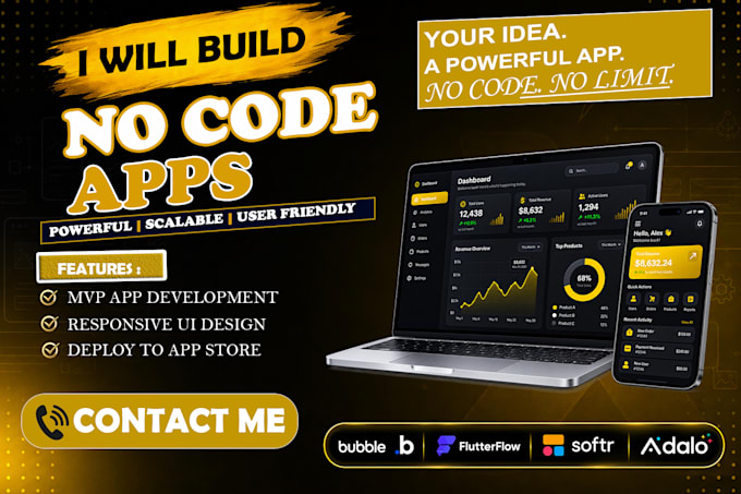 build custom no code app and web app using bubble io, glide and adalo