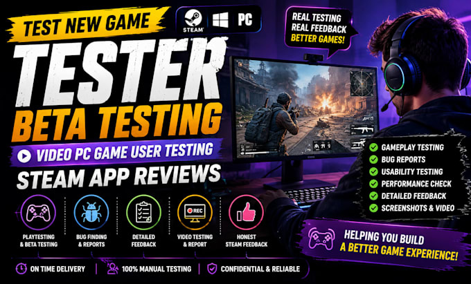 test new game tester beta testing video pc game user testing, steam app reviews