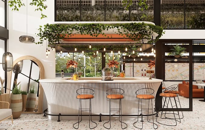 upscale rooftop restaurant,outdoor seat dining,bar interior design,cgi visualize