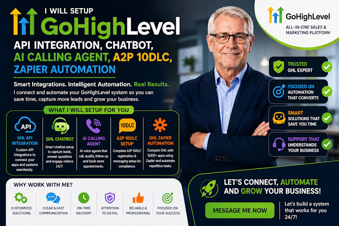 setup ghl api integration, ghl chatbot or ai calling agent, a2p 10dlc,ghl zapier