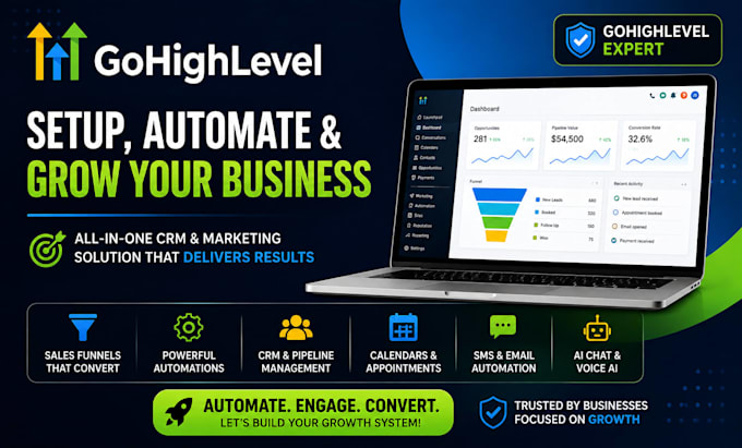 setup gohighlevel CRM, gohighlevel funnels, gohighlevel workflows and automation