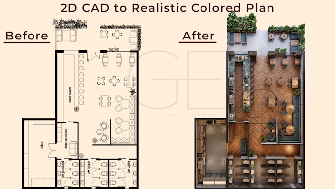 render realistic 2d colored floor plan from your cad drawing
