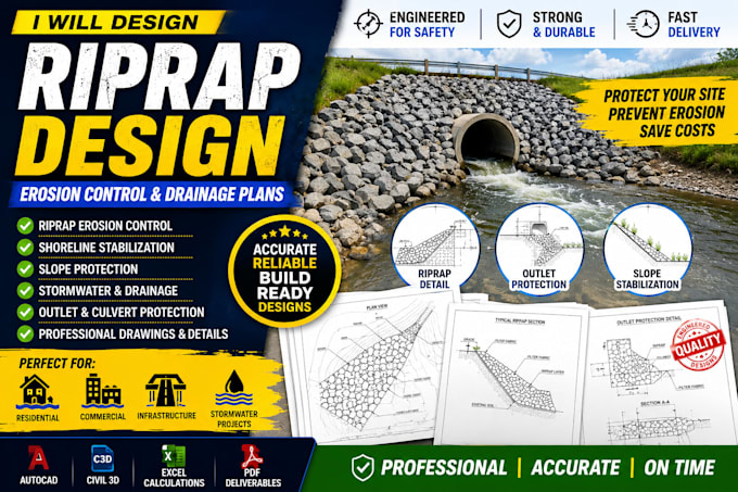 design riprap erosion control, shoreline stabilization and drainage plans