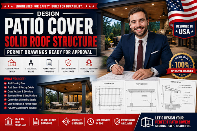 design patio cover solid roof structure permit drawings