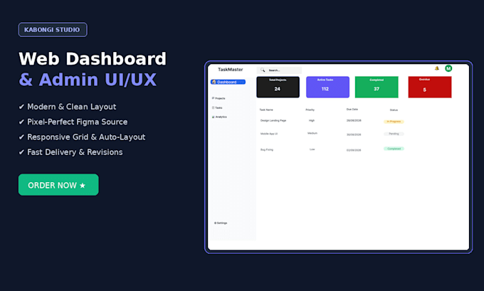 design a modern web dashboard and admin panel UI UX in figma
