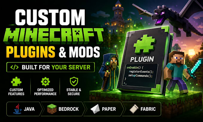 develop custom minecraft plugin addon mod for java bedrock paper fabric