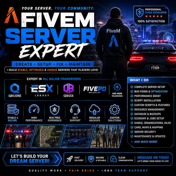 be your expert fivem developer, script any system, esx, qb core, map