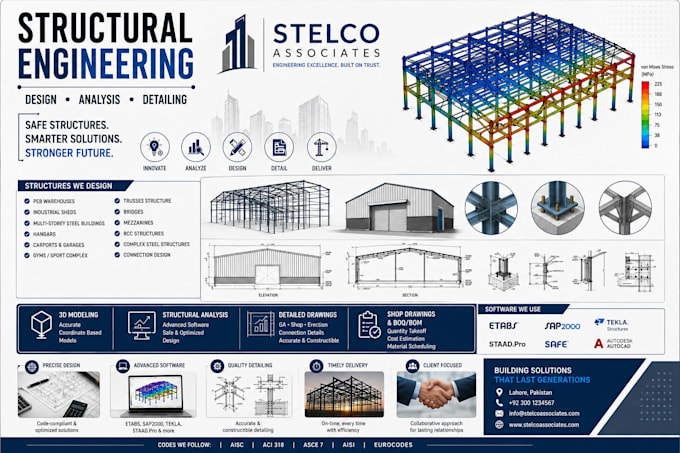 rcc and steel building structural design, analysis, and drawings