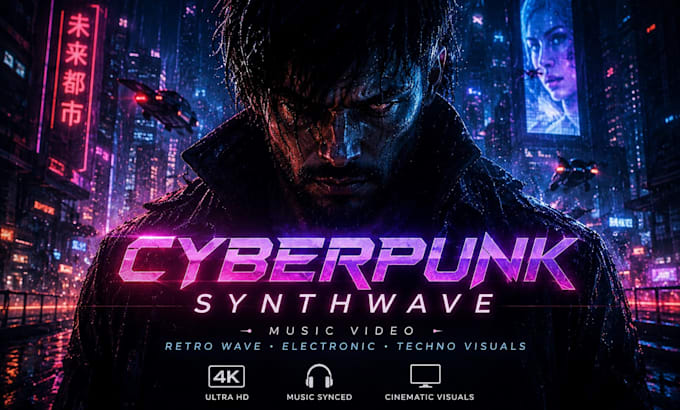 create cyberpunk synthwave music video, retro wave and electronic techno visual