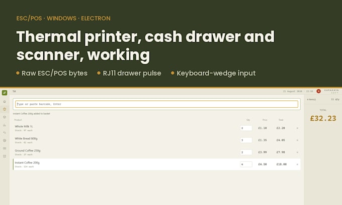 integrate a thermal printer barcode scanner and cash drawer
