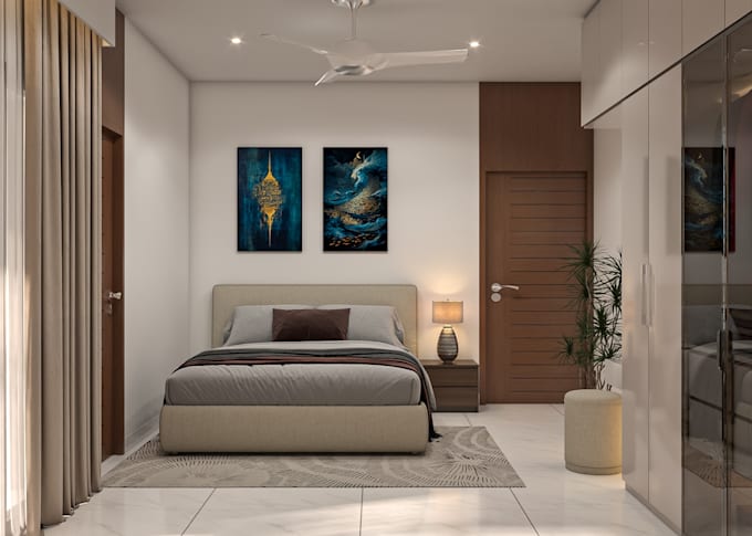 design a modern bedroom interior with realistic 3d rendering