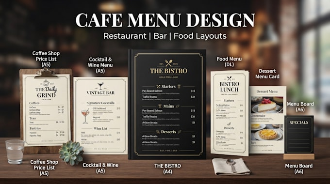 design elegant bar menu, drinks menu, cocktail menu price list