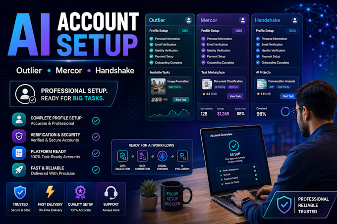 create and set up outlier, mercor, and handshake accounts professionally
